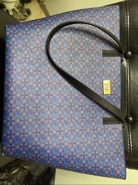 Blue Patterned Tote with Black Straps and Gold Plaque
